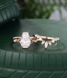 Authentic Art Deco Vintage Coffin Cut Moissanite Wedding Ring Set 14K Rose Gold Plated