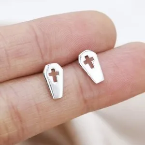 Authentic Halloween Dainty Coffin Cross Earrings in 925 Silver 14k White Gold Plated