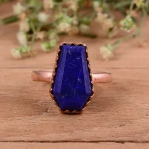 Authentic Natural Lapis Lazuli Coffin Ring Rose Gold Plated Statement Rings Jewelry