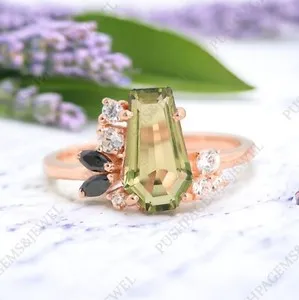Authentic 925 Sterling Silver 11x7 mm Coffin Shape Natural Peridot Ring Cluster Onyx CZ