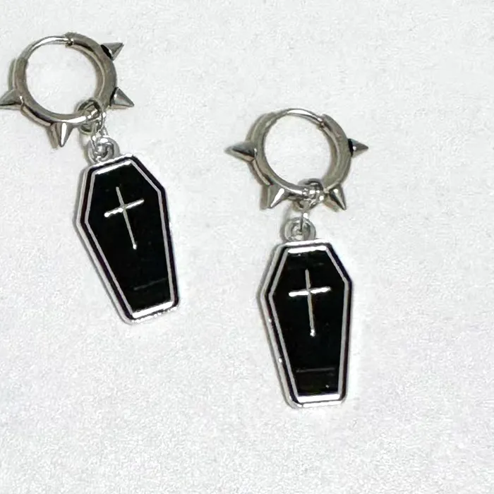 Authentic Goth Jewelry Coffin Cross Earrings for Women Punk Charms Rivet Hoop Earrings Grunge Rock Accessories Korean