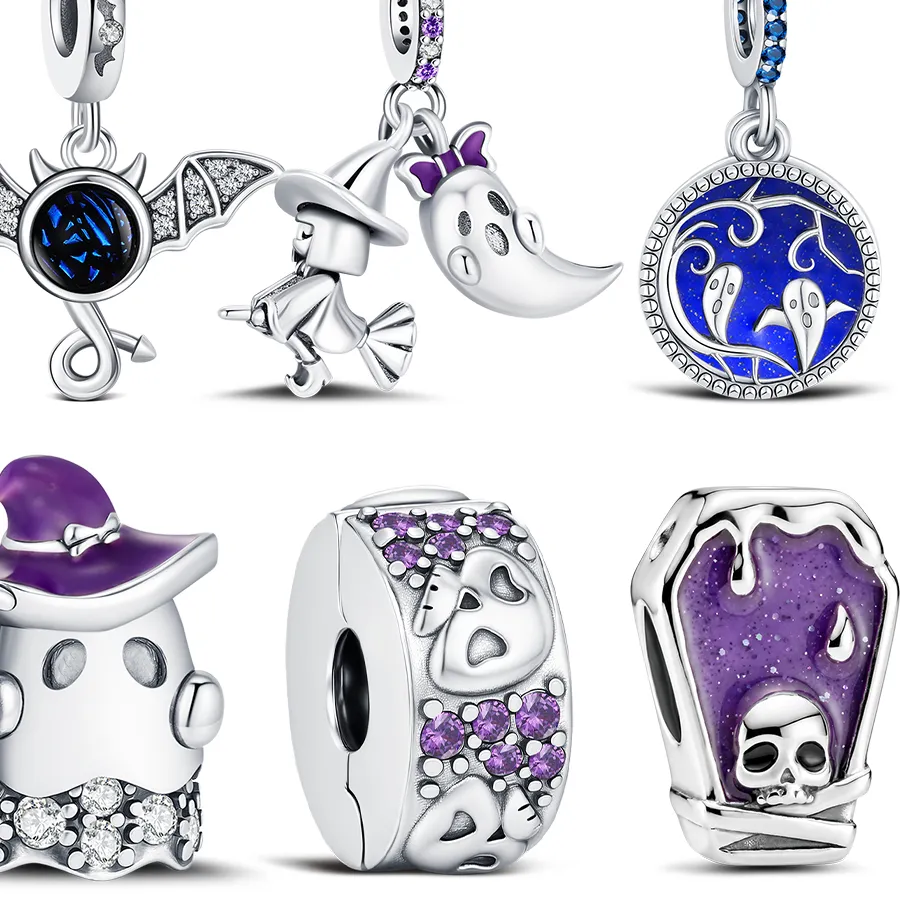 Authentic 925 Sterling Silver Halloween Witch Ghost Bat Coffin Charm Purple Blue CZ Enamel Beads & Dangles Fit Original Snake Bracelet