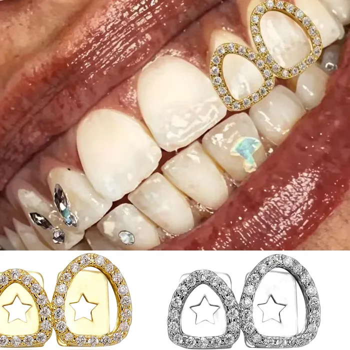 Authentic TOPGRILLZ Iced Out Double Hollow Shiny Zircon Teeth Grillz Full CZ Stones Tooth Caps For Women Men Jewelry Dental Grills