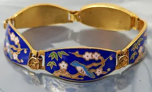 Authentic Vintage Chinese Cloisonne Blue Bird Enamel Gold Plated Link Bracelet 7"