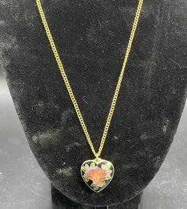 Authentic Vintage 22k Gold Plated Cloisonne Enamel Floral Rose Black Heart Necklace