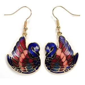 Authentic GOLD PLATED CLOISONNE SWAN EARRINGS Blue Love Birds Enamel Hand Painted Pair