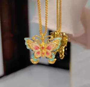 Authentic Gold Plated cloisonne Butterfly court-style Necklace Jewelry Pendant