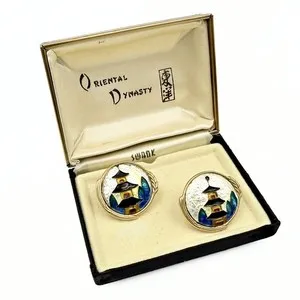 Authentic Swank Designer Signed Cloisonne Enamel Chinese Pagoda Gold Plated Cufflinks