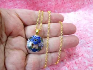 Authentic Vintage Cloisonne Pendant Floral w/ 18" Gold Plated 18KGF Cable Necklace / L2