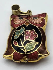Authentic Vintage Yellow Gold Plated Multicolor Cloisonne OWL Pendant 1 In Reversible