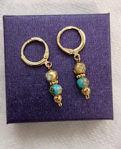 Authentic Gold Plated Lever Back Flower Cloisonne Enamel Dangle Bead Earrings