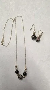 Authentic Vintage Gold-Plated Black Cloisonne Jewelry Set; 16" Necklace & Earrings (1105)