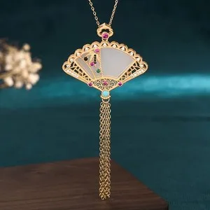 Authentic Jewelry Cloisonne Fan Charm Pendant with Chain Necklace Gold Plated