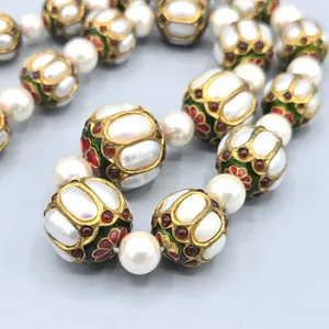Authentic Cloisonne Faux & FW Pearl Red Green Enamel Barrel Bead Gold Plated Necklace 18"