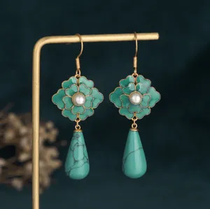 Authentic Turquoise Drop Dangle Earrings Cloisonne Boho Gemstone Flower 18K Gold Plated