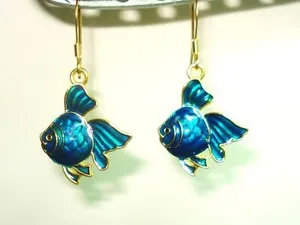 Authentic 1 1/2" Drop Dangle Gold Plated Bright Blue Cloisonne Style Koi Fish Earrings