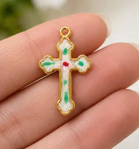 Authentic Gold Plated Sterling Silver Cloisonne Cross Pendant w/ Adjustable 16-18" Chain