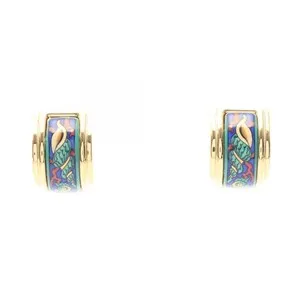 Authentic HERMES Emaille Earring Gold Plated Cloisonne Green Blue Used GHW Women