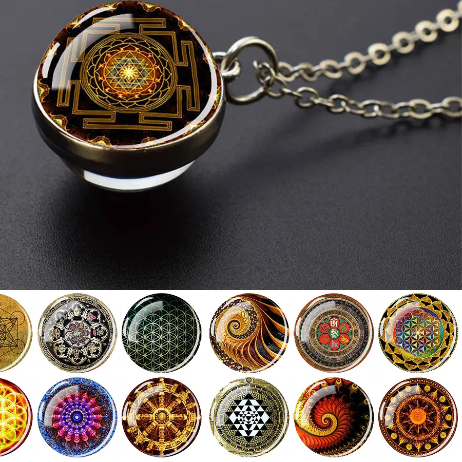 Authentic Sacred Geometry-Metatron's Cube Necklaces Sri Yantra Mandala Double Side Glass Ball Pendant Necklace Buddhist Yoga Jewelry