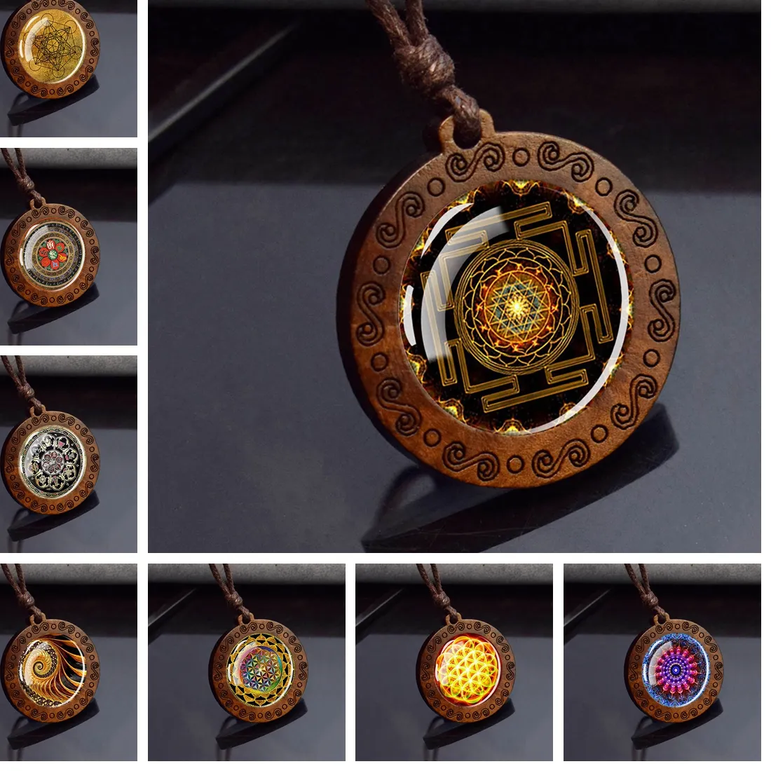 Authentic Sri Yantra Mandala Glass Necklace Wood Pendant Buddhist Sacred Geometry Jewelry Spiritual Yoga
