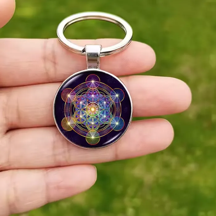 Authentic Metatron Cube Pendant Keychain Sri Yantra Flower Of Life Geometry Glass Keyring Hexagram Jewelry
