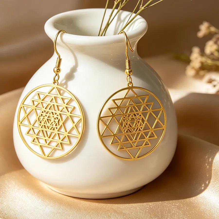 Authentic The Sri Yantra Mandala Gold Dangle Earrings Sacred Geometry Spiritual Amulet