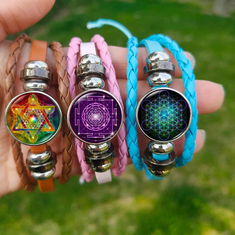 Authentic Metatron Cube and Sacred Geometry Leather Talisman Bracelet