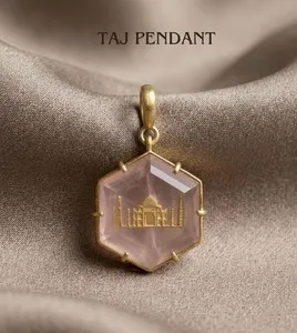 Authentic Natural Rose Quartz Taj mahal Pendant 925 sterling silver gold plated pendant