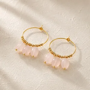 Authentic Ethereal Heart Whispers: Rose Quartz Drop Hoop Earrings in 18K Gold
