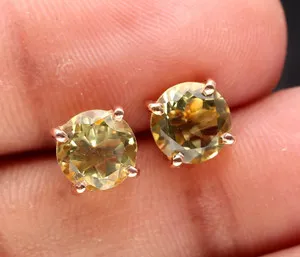 Authentic Natural Lemon Quartz Round Stud Earring Rose Gold Fill Solid Silver Boho Jewelry
