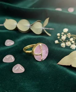 Authentic Broken Repair Art Kintsugi Rose Quartz Ring Gold Plated Adjustable Band Jewelry