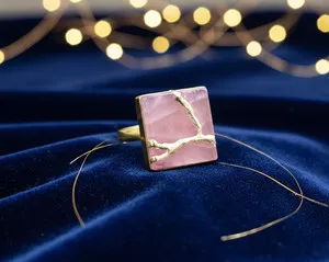 Authentic Kintsugi Rose Quartz Art Ring Gold Plated Broken Repair Adjustable Band Jewelry