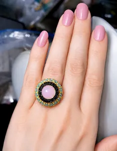 Authentic Ornate Rose Quartz Gold Plated Cabochon Statement Ring (Size 7.0)!