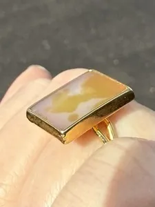 Authentic Abstract Rose Quartz and Citrine Rectangle Ring Gold Plated Adjustable