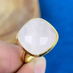 Authentic Rose Quartz Square Ring: Gold Plated 925 Sterling Silver