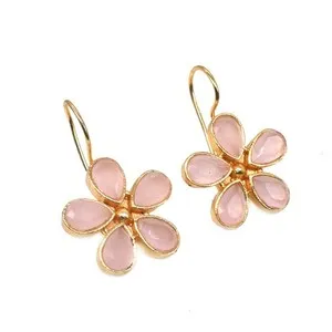 Authentic Rose Quartz Flower Earrings Birthstone Gold Plated Jewelry Hook Earrings H027