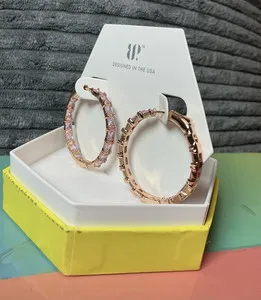 Authentic BP ER55737 Rose Gold Plated Hoop Earrings Pink CZ & Rose Quartz Hinged