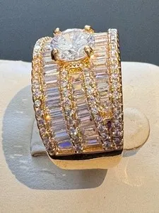 Authentic Stunning Gold Plated Cocktail Ring With Round Main and Baguette accents Size 9