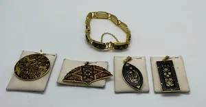 Authentic Stunning 5-Piece Vintage Mid-Century Toledo Damascene Jewelry Lot Gold Plated