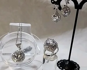 Authentic Moonlit Harmony: 14ct White Gold Plated Moissanite Ring Necklace Earrings Set
