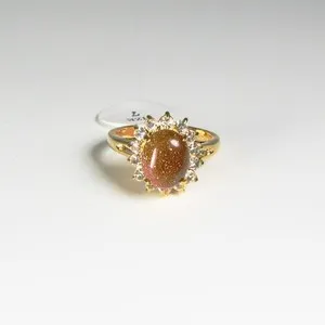 Authentic Goldstone Ring 18K Gold Plated Cubic Zirconia Surround SZ 7 STUNNING Vintage NOS