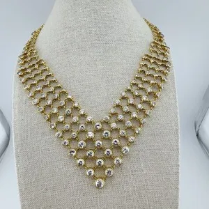 Authentic STUNNING Gold Plated 925 Sterling Silver CZ Bridal Necklace Vermeil V Collar Bib