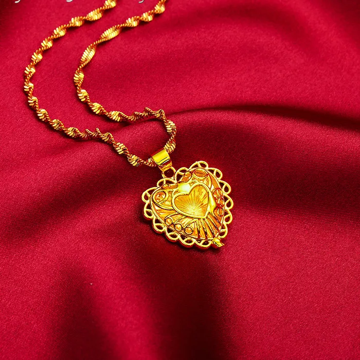 Authentic Mylux Jewelry Heart Hollow Necklace for Women, 24K Gold, AU999 | Layered hollow hearts with tassels and diamonds, stunning for p