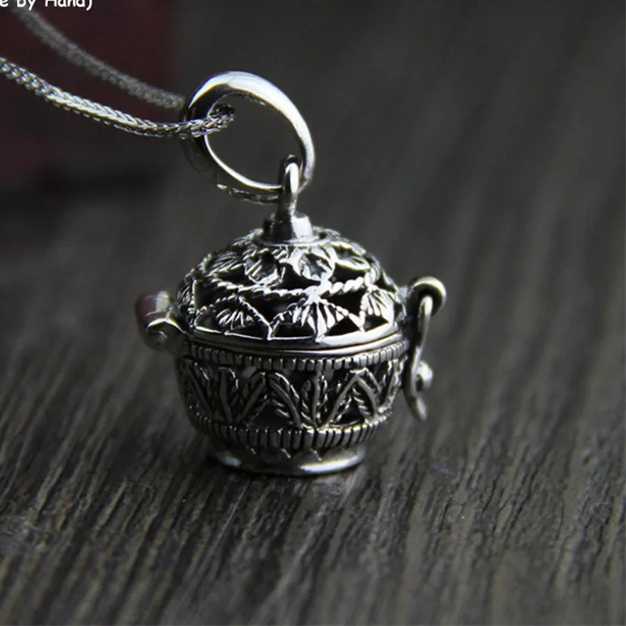 Authentic Unusual Sachet Openable Leaf Hollow Pot Pendants Stunning Novelty 925 Silver Box Necklaces NO Chain Vintage Ethnic Jewelry