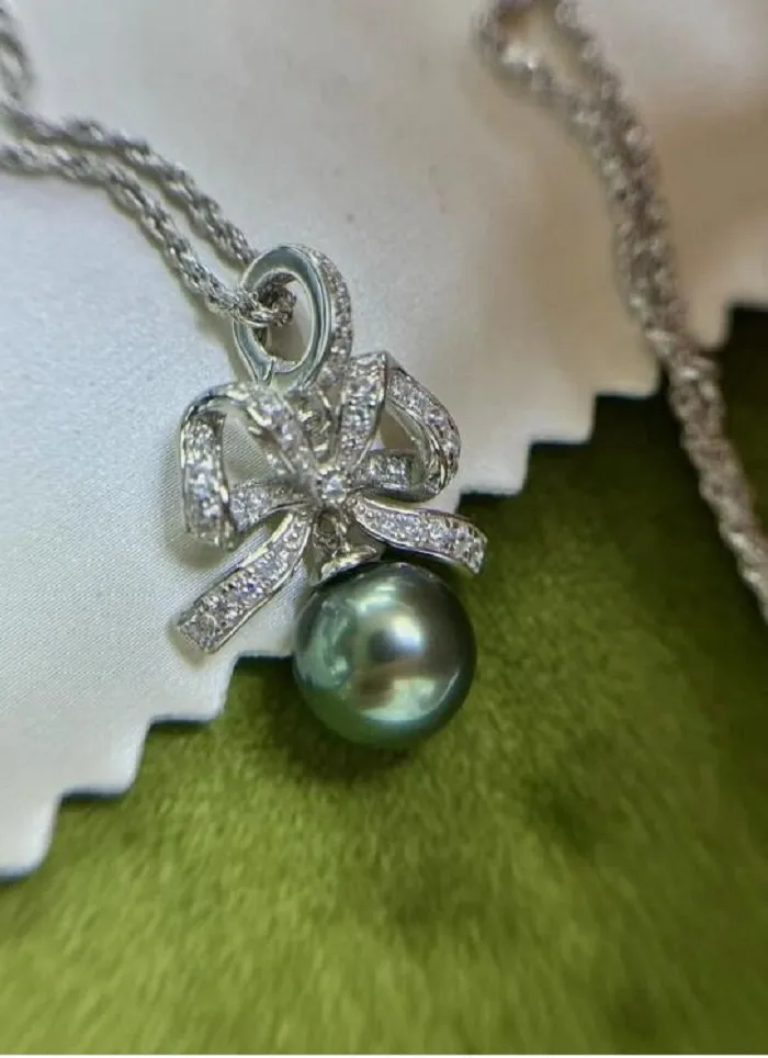 Authentic stunning 10-11mm tahitian round black green pearl pendant 925s necklace