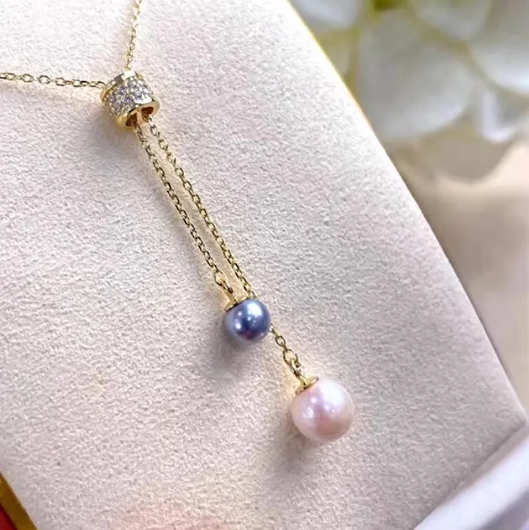 Authentic Stunning 18" 9-10mm South Sea Round White Gray Pearl Necklace Pendant 925s