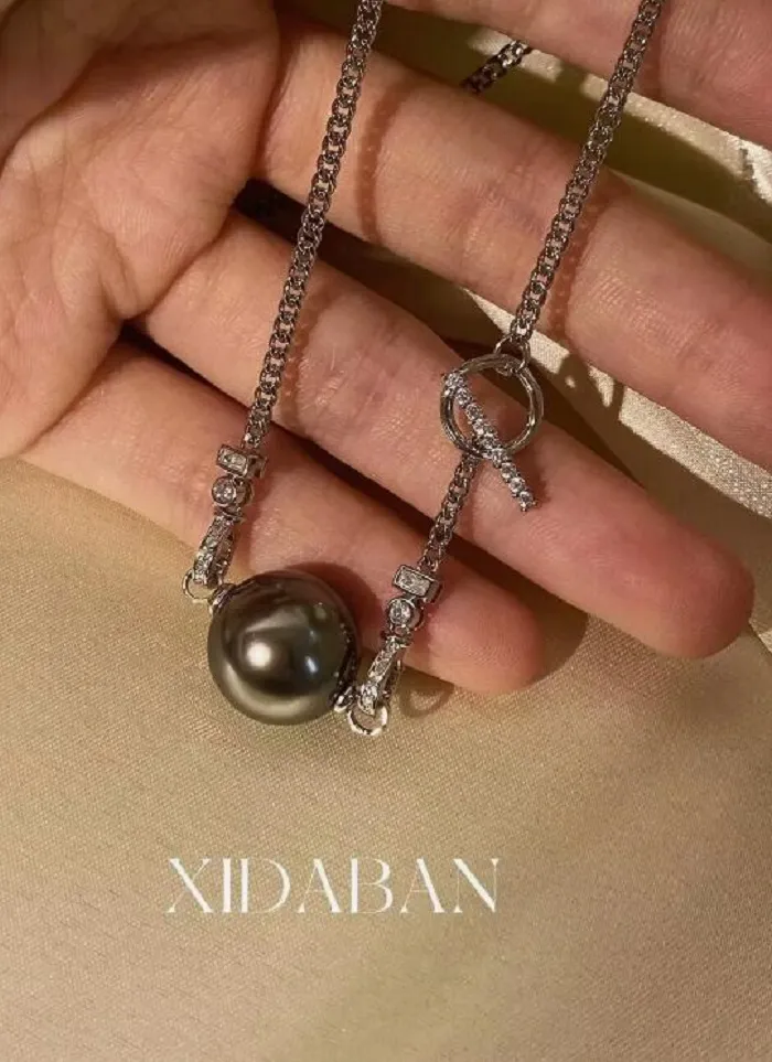 Authentic stunning 10-11mm tahitian round black green pearl pendant 925s necklace