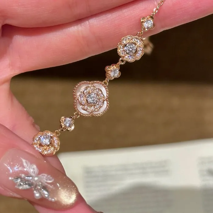 Authentic Stunning Pink Mother-of-Pearl Camellia Bracelet for Women; Fresh and Elegant Hand Jewelry; Best for Valentine's Day