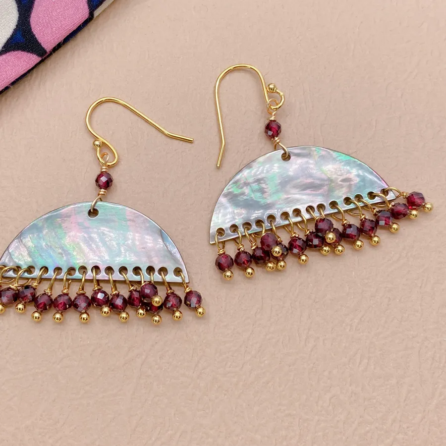 Authentic Elegant Round Garnet Earrings with Natural Black Sea Shell Hook Design Stunning Gem Stone Jewelry for Everyday Style