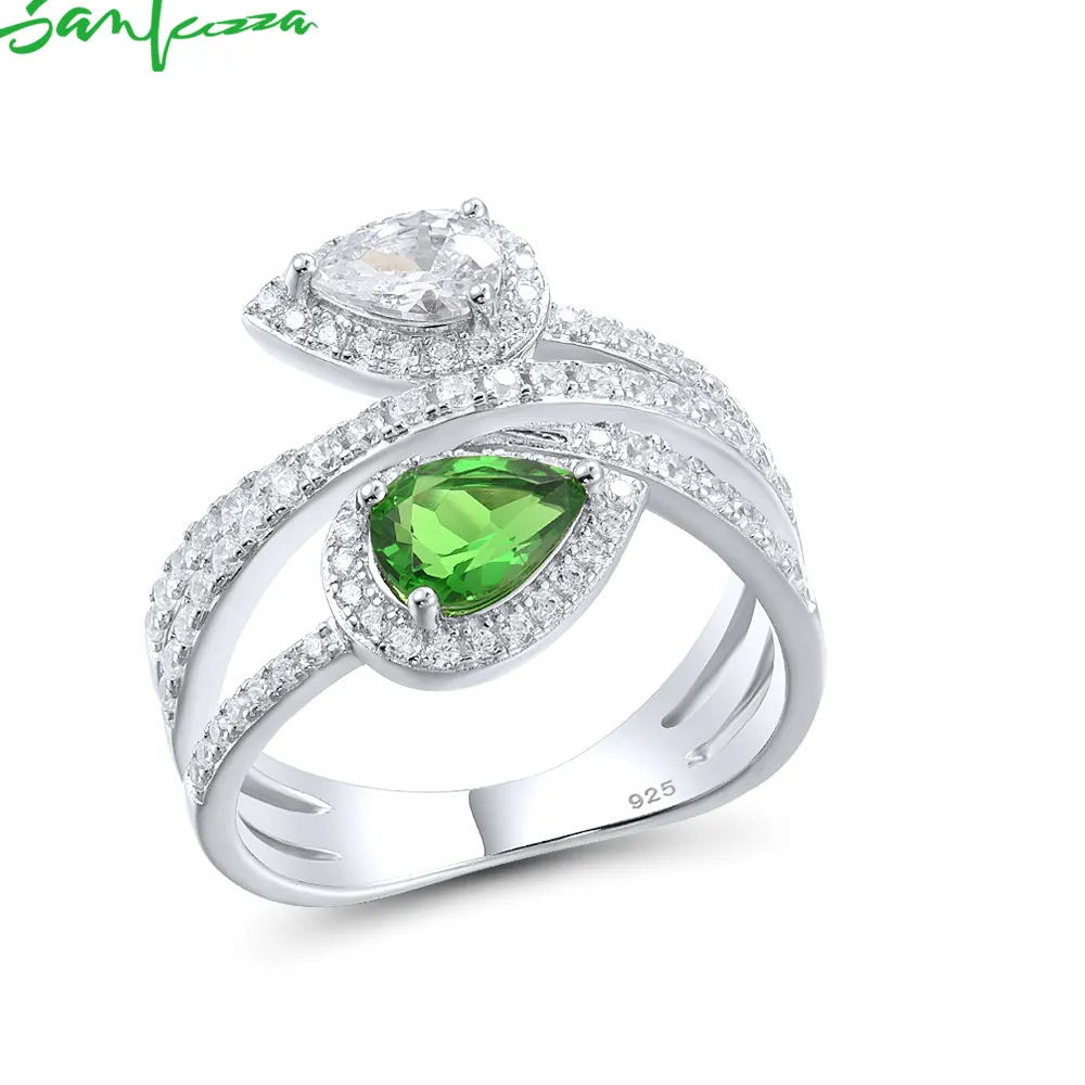 Authentic SANTUZZA 925 Sterling Silver Rings For Women Green Stones White CZ Elegant Pear Rings Party Gifts Stunning Fine Gorgeous Jewelry